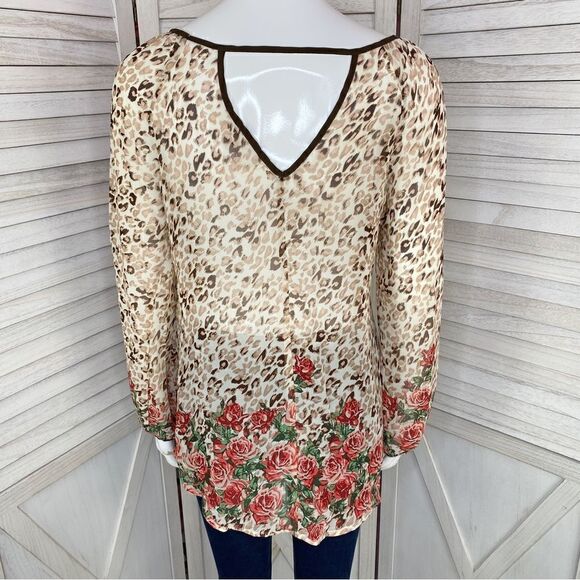 Blu Pepper Leopard Roses Print Sheer Blouse Small Beige Red Back Cutout - Picture 4 of 10